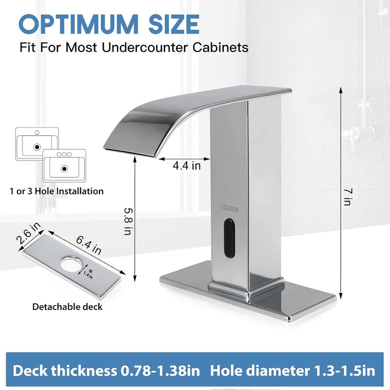 CDLODIN Automatic Sensor Touchless Bathroom Faucet, Modern Chrome Bathroom Faucet for Sink 1 Hole, Waterfall Single Hole Bathroom Sink Faucet Stainless Steel, Hands Free Motion Sensor Lavatory Faucet - Image 5